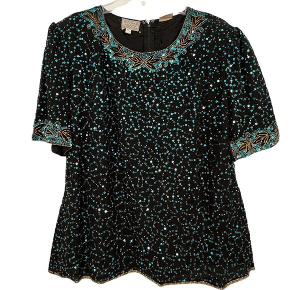 Vintage Stenay Woman Black Silk Floral Gold Sequin Boat Neck Top Blouse Plus 16W - Picture 1 of 5